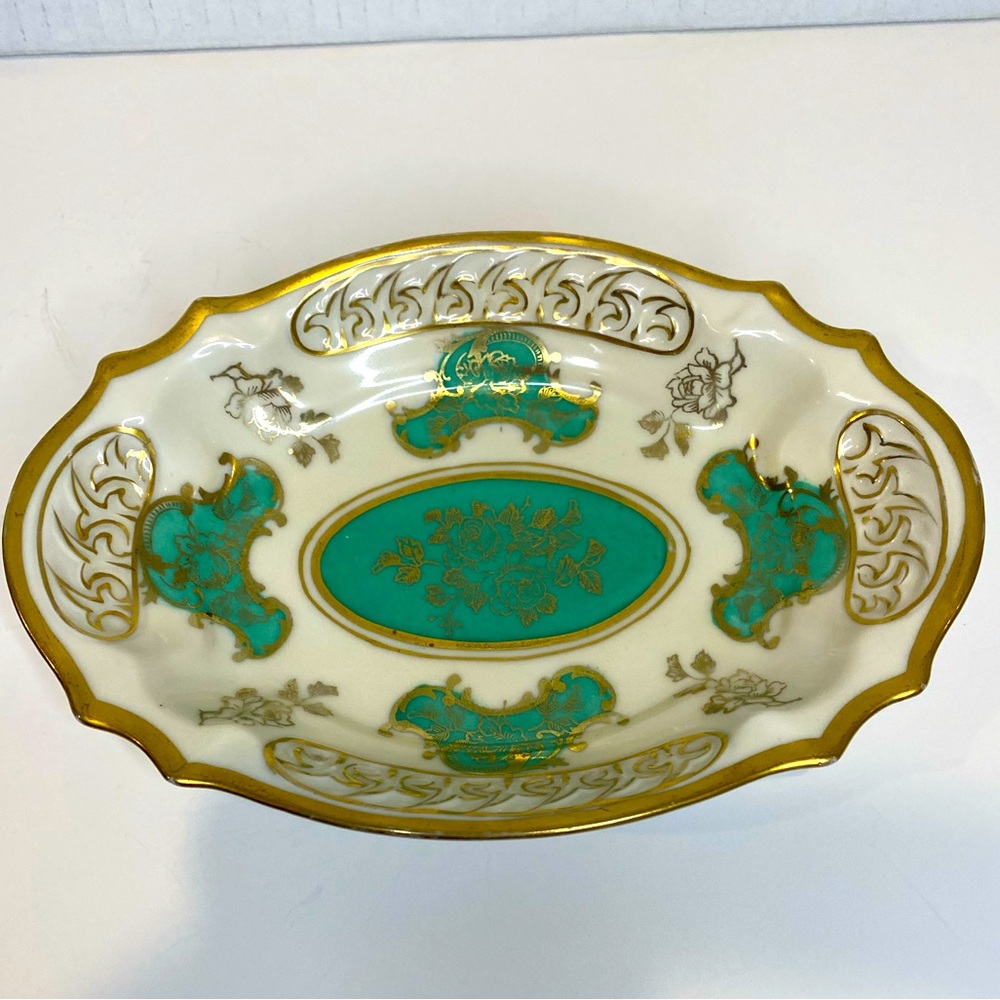 EUC Vtg Roland Porcelain Green and Gold Dish Hand Painted